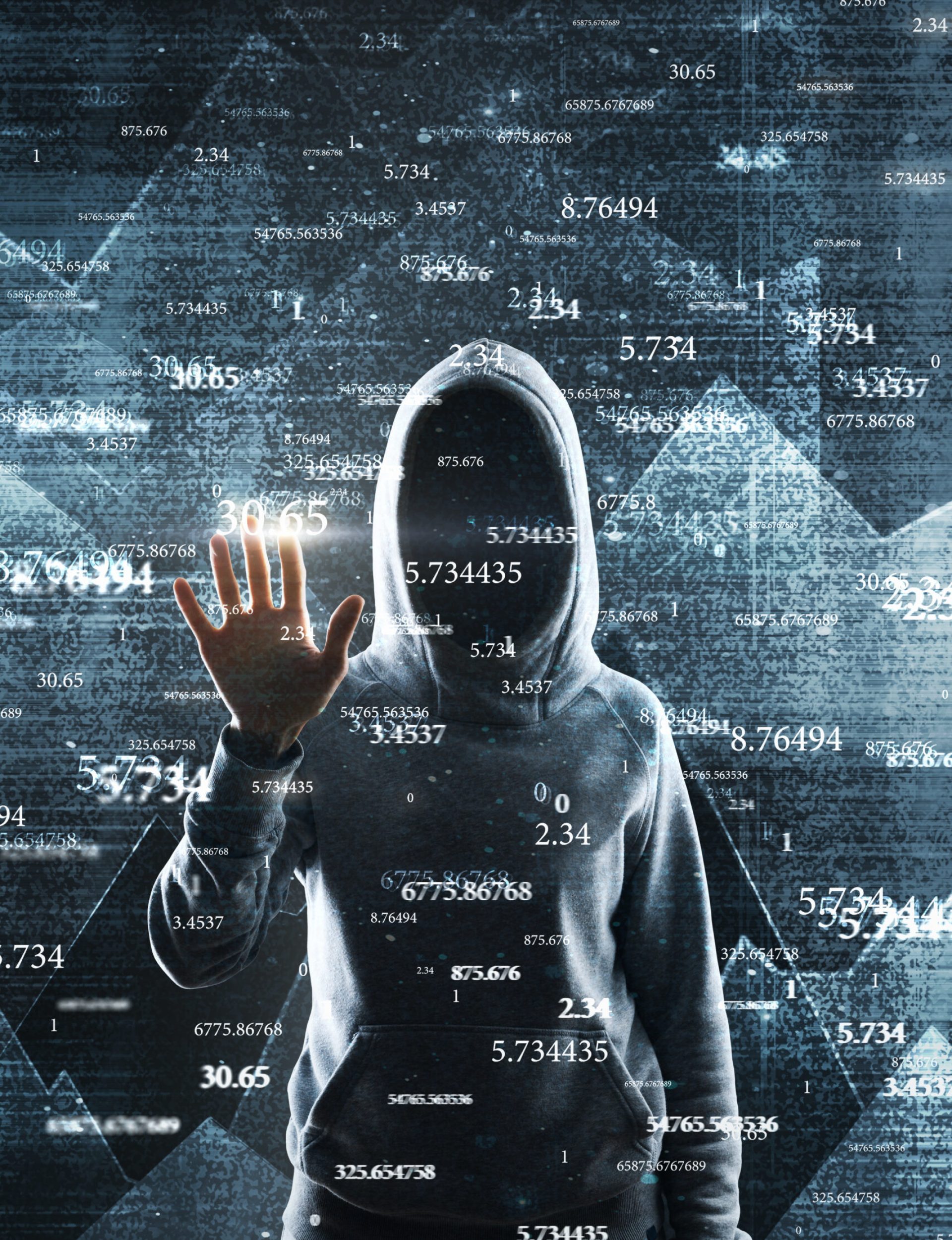 Hacker with abstract big data interface on blurry background. Software and hud concept. Multiexposure